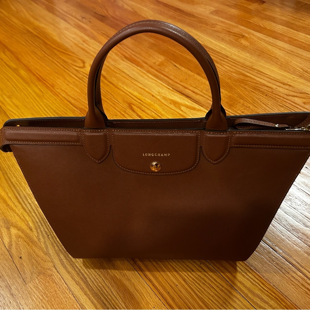 Longchamp “Le Pliage Heritage” Leather Satchel Brown Tan w/ leopard print detail